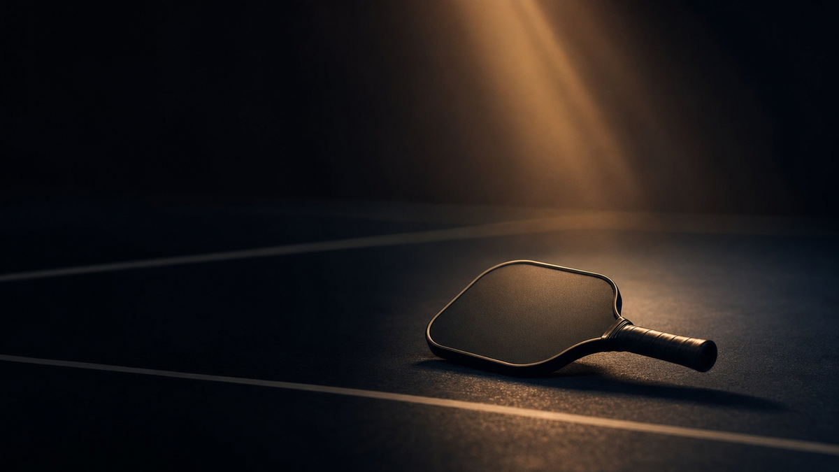 A single pickleball paddle rests on dark navy court flooring lit by a warm amber spotlight, editorial photograph