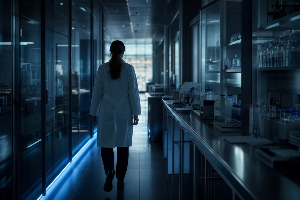 A cinematic editorial image of a pharmaceutical research corridor with a single blue-lit path through shadowed glass and steel