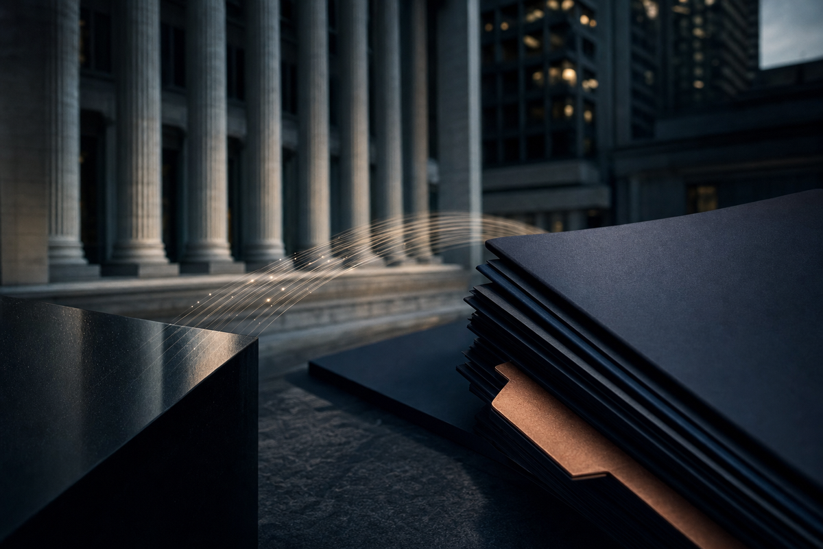 A dark institutional bank facade connected by a copper light bridge to private-credit loan folders