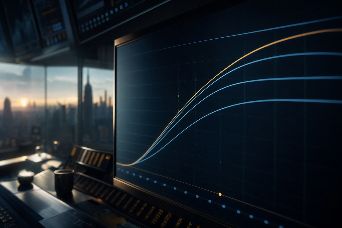 A Treasury yield curve on a trading screen at dawn