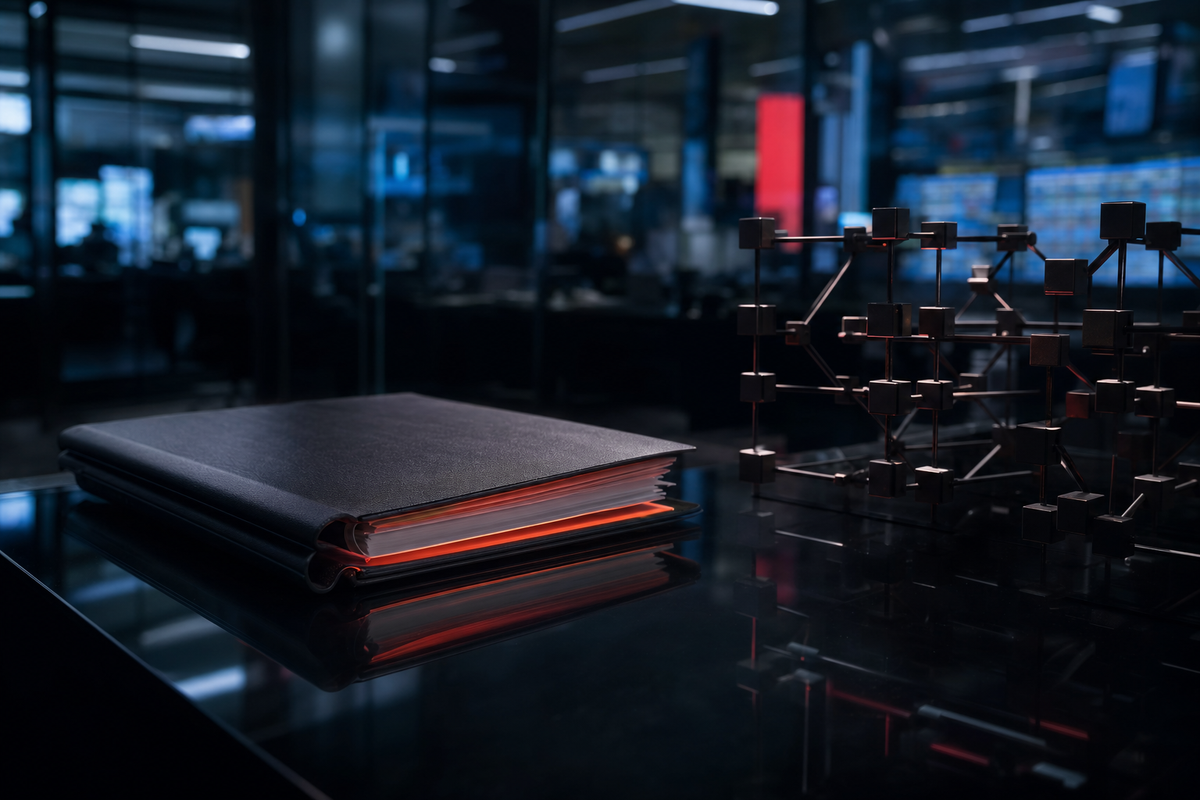 Closed regulatory rulebook beside a blockchain lattice in a dark trading room