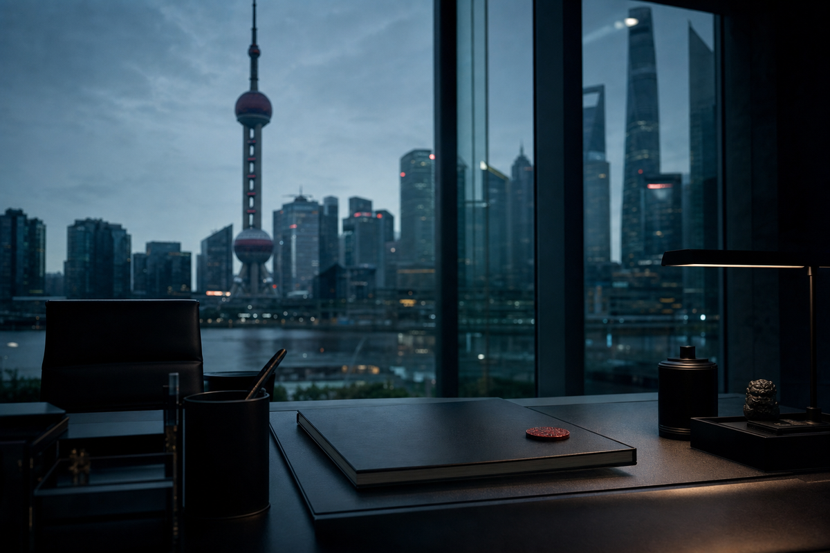 Shanghai financial district at blue hour beyond a quiet office desk with a closed ledger