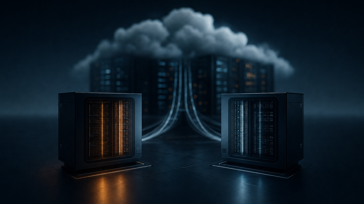 Two illuminated AI computing nodes connected to a dark cloud infrastructure