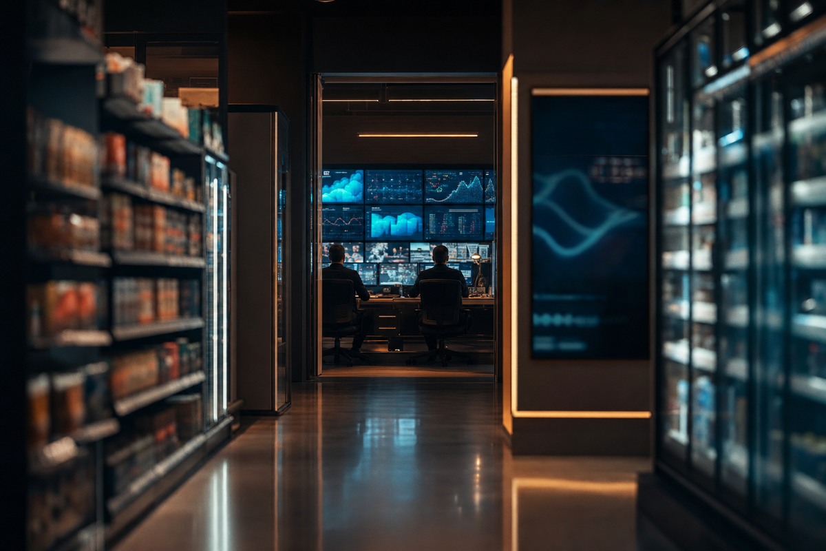 Dark navy supermarket aisle with an amber retail media control room