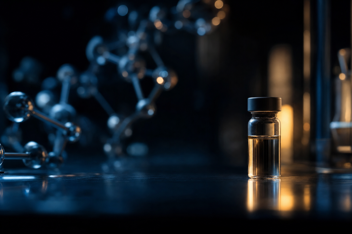 Dark navy oncology laboratory with an illuminated vaccine vial and molecular forms