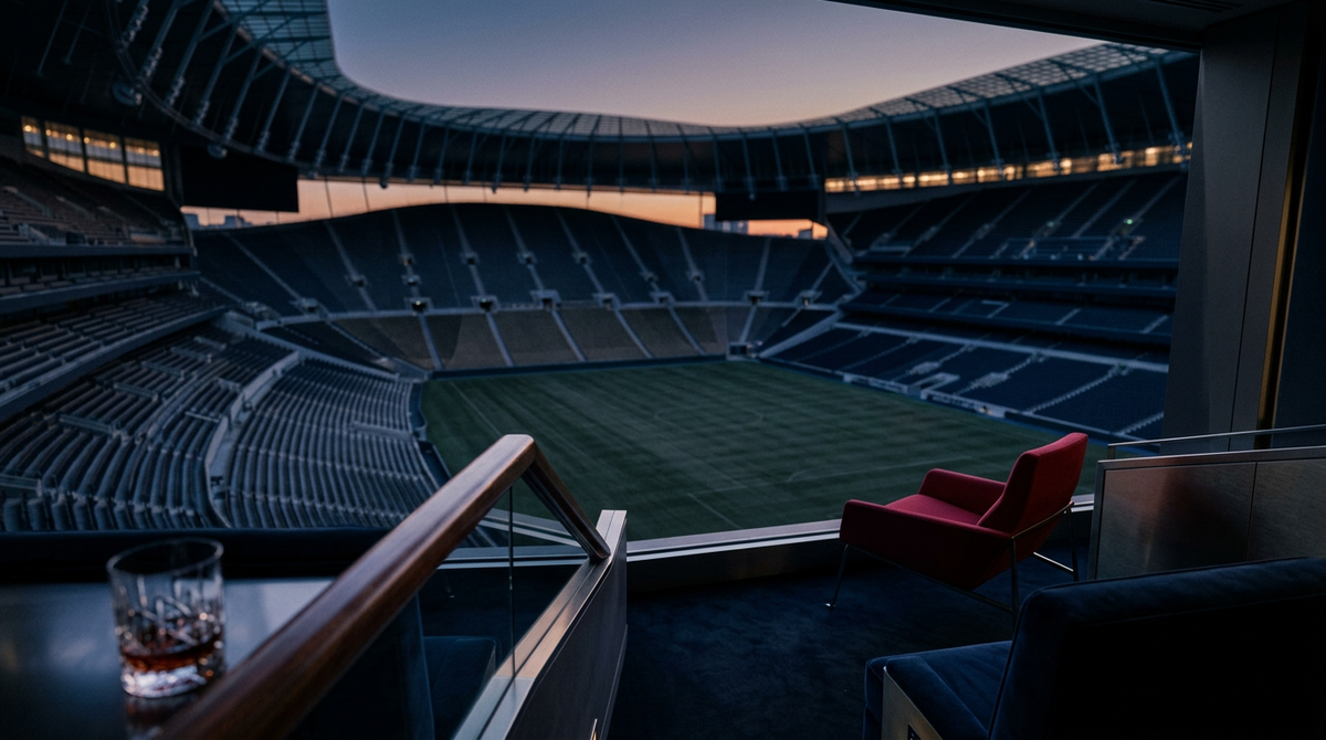 Empty football stadium seen from an executive suite at dusk with a single red chair