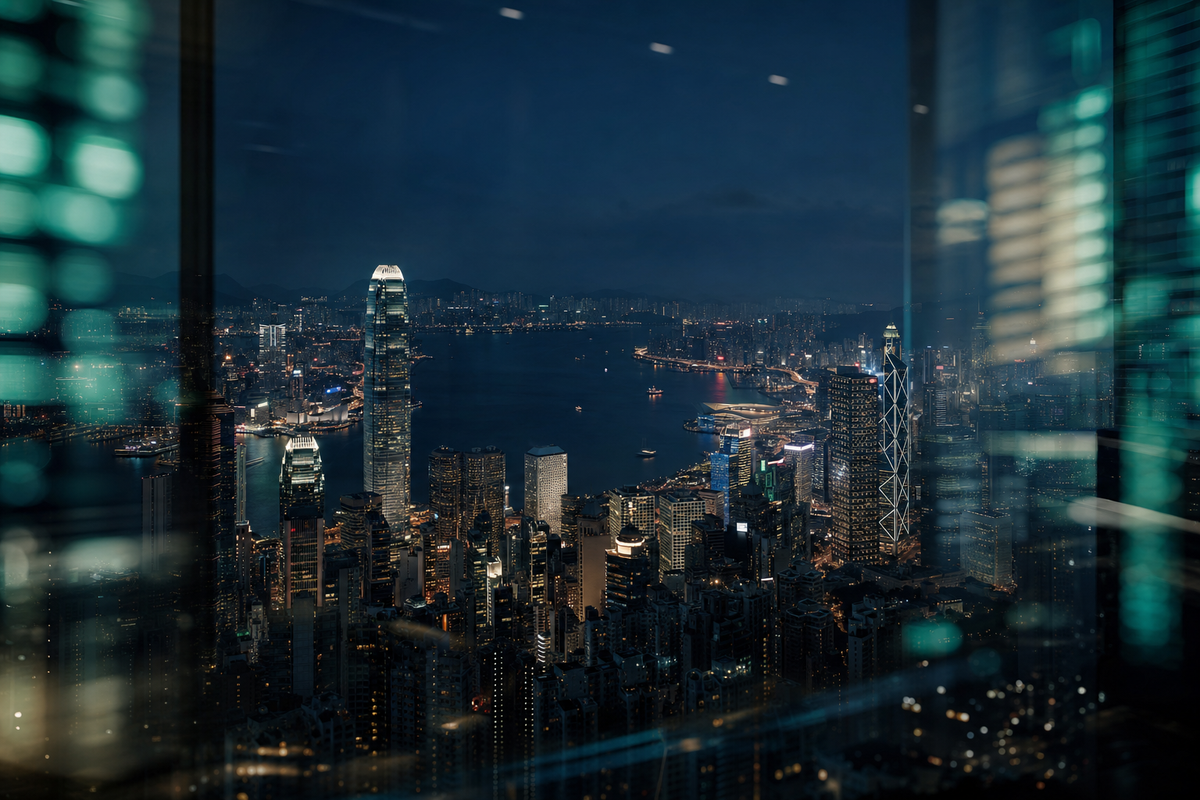 Hong Kong skyline and harbor seen through glass at night in a dark blue editorial scene