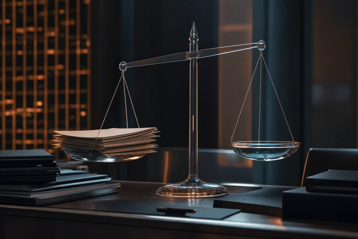 A balance scale between private-credit loan documents and a pool of liquidity in a dark editorial setting