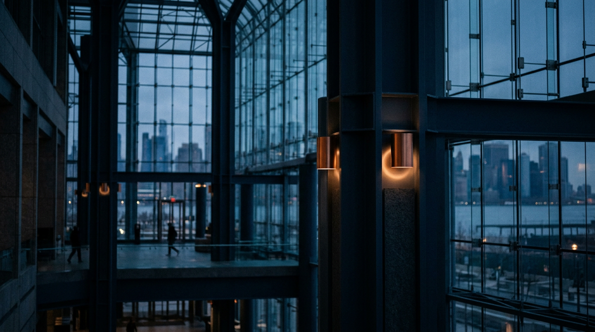 Dark navy and charcoal financial architecture with copper light and a distant city skyline