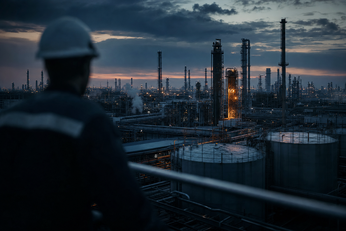 Dark refinery towers and storage tanks under a navy dusk sky with one amber light