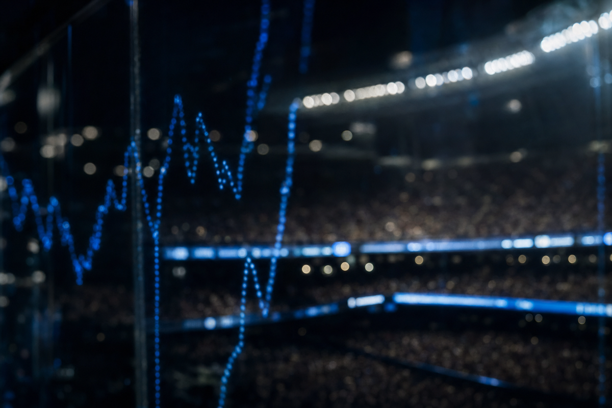 Abstract stadium lights and live sports data in a dark editorial setting