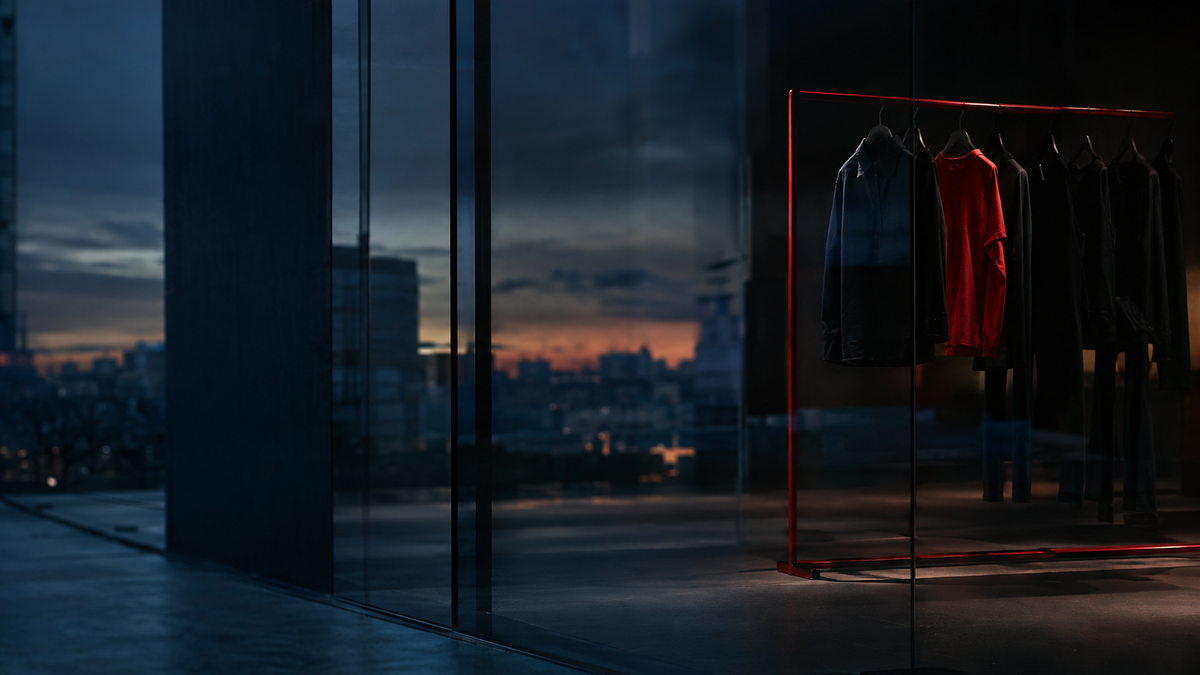 Premium athleticwear storefront at dusk with a single red garment rack