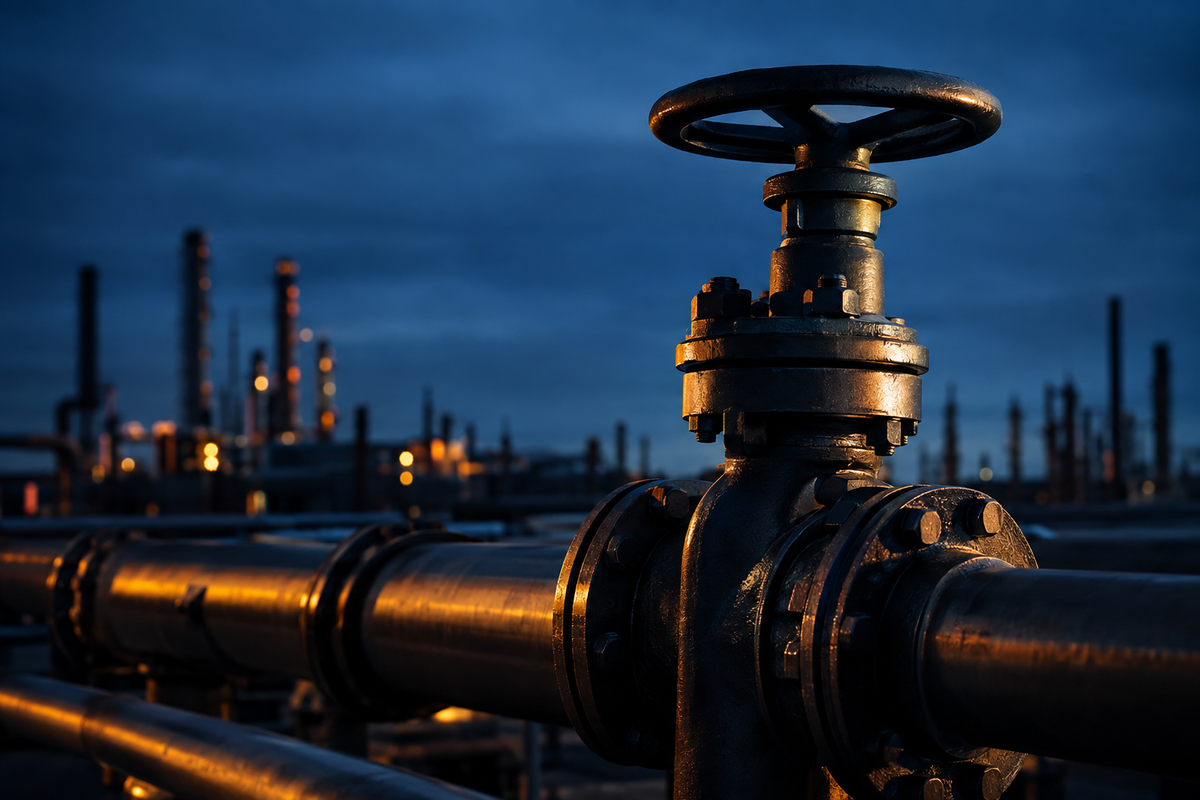 Dark oil pipeline valve and refinery tanks under blue-hour light