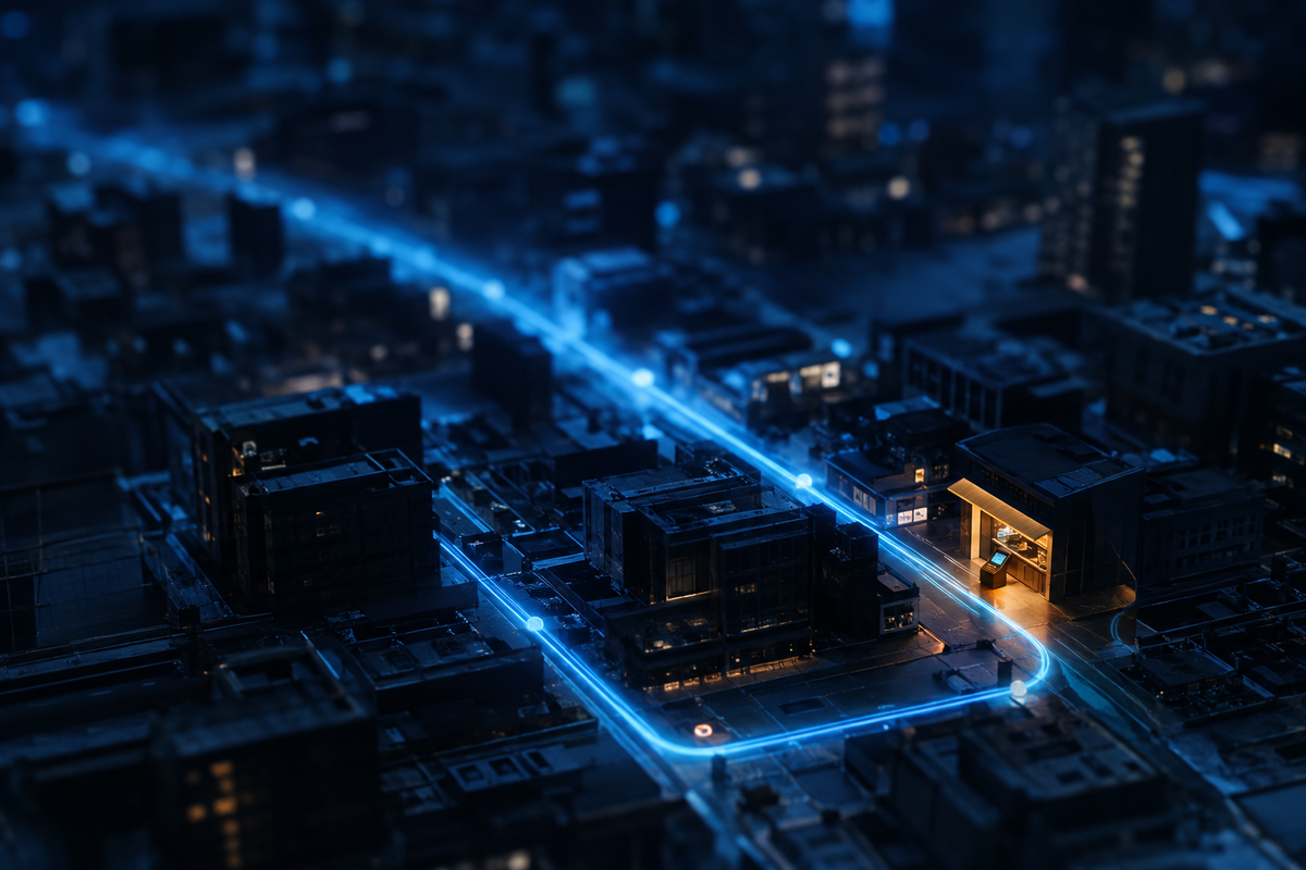 Blue digital payment rail crossing a dark Indian city grid