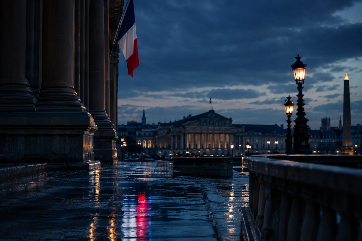 Paris government district at dusk, reflecting French bond-market uncertainty