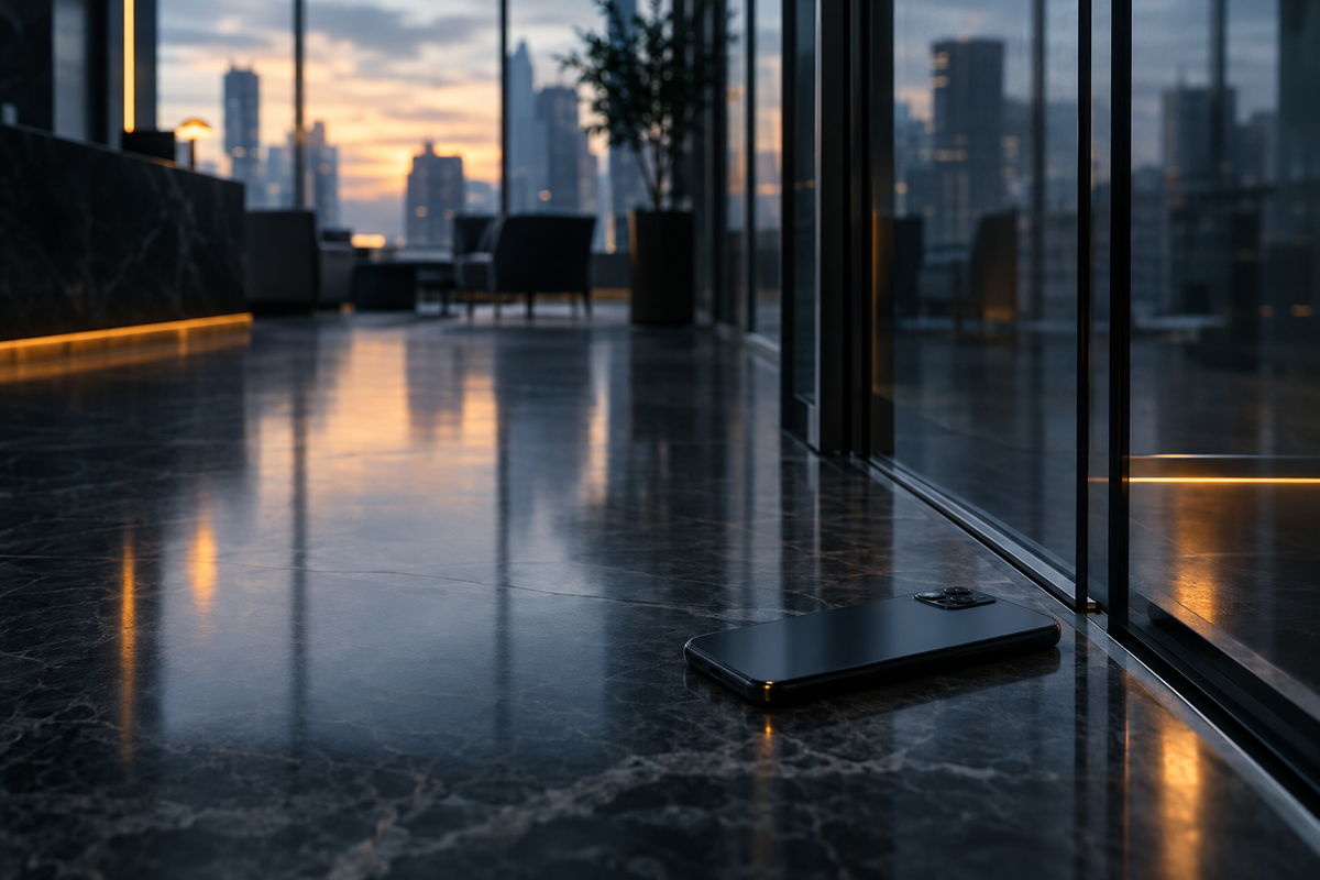 An unbranded smartphone on a financial-services lobby floor at dawn, suggesting questions of account access.