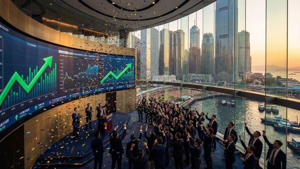 Hong Kong Stock Exchange IPO celebration with harbour skyline
