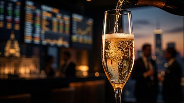 Champagne flute against city skyline — luxury market leading indicator