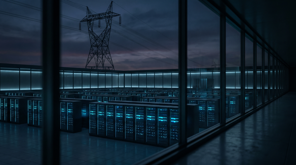 Data center server hall under high-voltage transmission tower at dusk