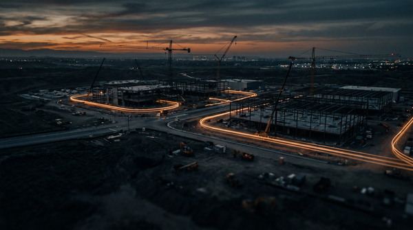 Aerial twilight view of data center campus under construction