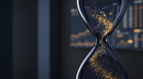 Hourglass with golden particles against a financial market backdrop