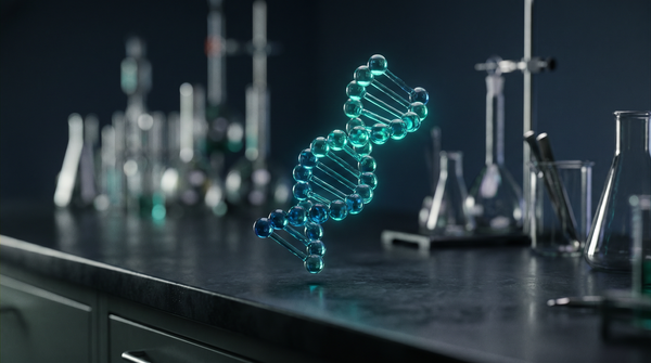 Glowing molecular helix above a laboratory bench