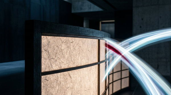 Japanese shoji panels with a sweeping currency-curve light streak and crimson accent