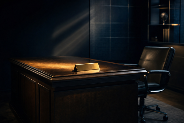 A polished dark wooden chairman's desk with a vintage brass nameplate catching warm gold light, the executive chair pulled slightly away