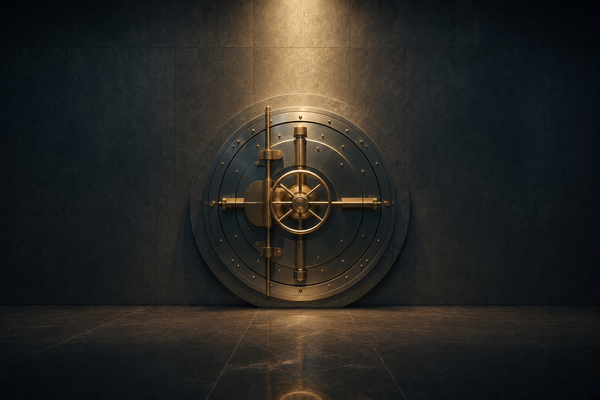 A polished metallic vault door set into a charcoal stone wall, illuminated from above by a single shaft of amber light