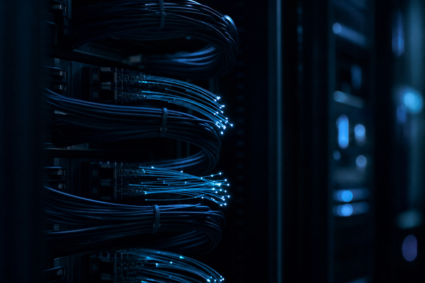 Dark data center server rack with glowing blue fiber-optic cables converging into network nodes