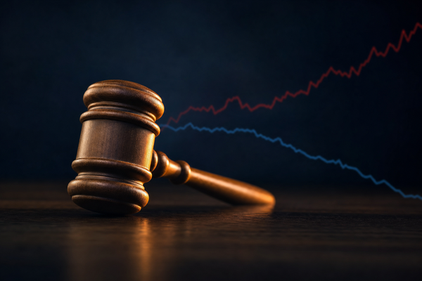 A wooden gavel on a dark surface with a red ascending line and a blue descending line in the background