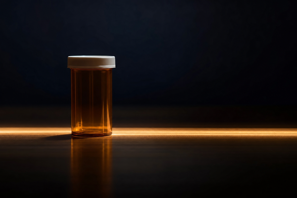 An unmarked amber prescription pill bottle on a polished dark desk with a single warm gold beam of light cutting horizontally across the surface like a balance-sheet line