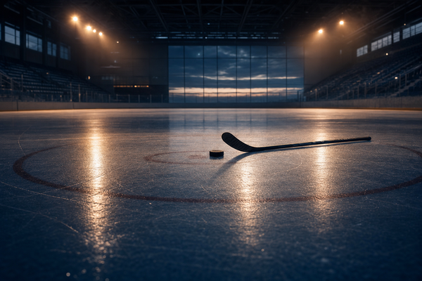 An empty ice hockey rink at dusk with a single stick and puck at center ice, soft amber spotlights from the rafters