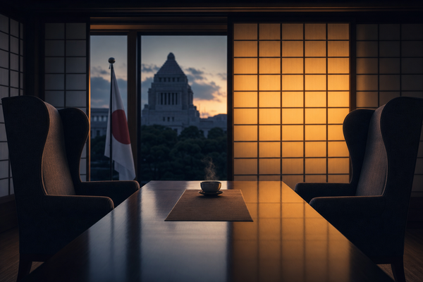 An empty traditional Japanese government meeting room at dusk with two wingback chairs facing each other across a polished dark wood table, a single steaming tea cup