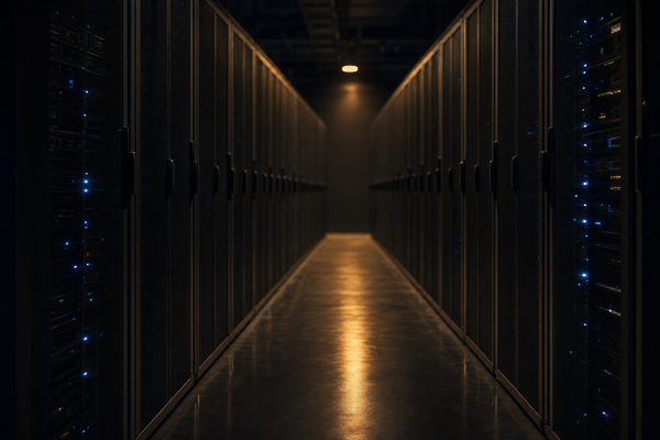 A vast empty data center corridor at dusk with parallel walls of dark server racks stretching into vanishing point perspective, polished concrete floor reflecting amber overhead light