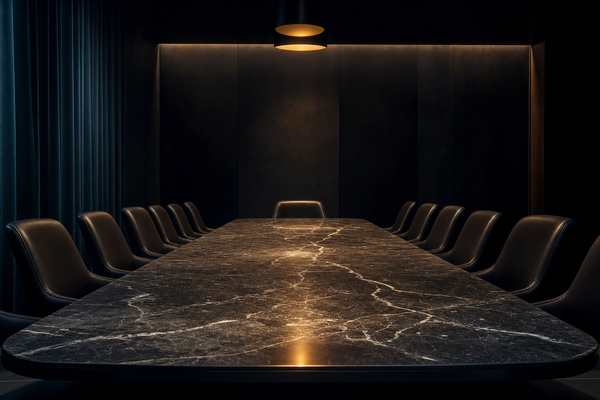 An empty boardroom with a fissured marble conference table under a single overhead amber light