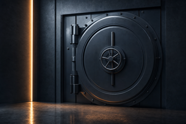 A closed steel bank vault door in shallow depth of field with a single amber light slice along one edge