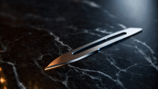 A polished steel scalpel blade resting on dark marble — abstract editorial illustration for a research note on the May 2026 Section 122 tariff ruling.