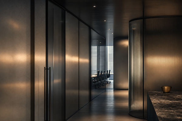 Empty modernist boardroom corridor lined with frosted glass walls in low amber light