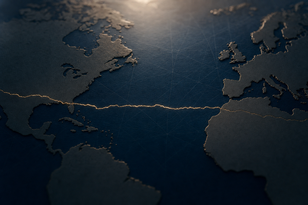 Stylized navy world map with a glowing gold fault line bisecting the Atlantic between North America and Europe