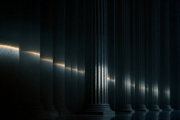 Neoclassical columns receding into deep shadow with a horizontal beam of cold light and muted gold accent