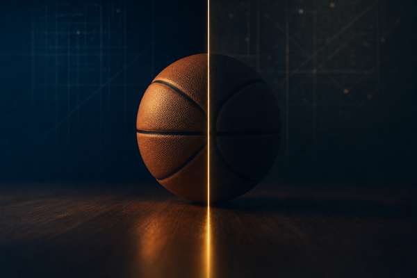 A basketball on a dark wooden floor bisected by a thin glowing gold line, half lit and half in shadow