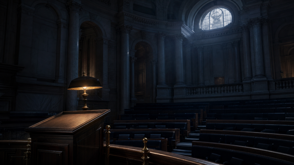 Empty grand neoclassical parliamentary chamber at night with a single amber-lit podium lamp — Solomon Grey Capital editorial illustration for ECB Sintra forum and framework guidance piece.