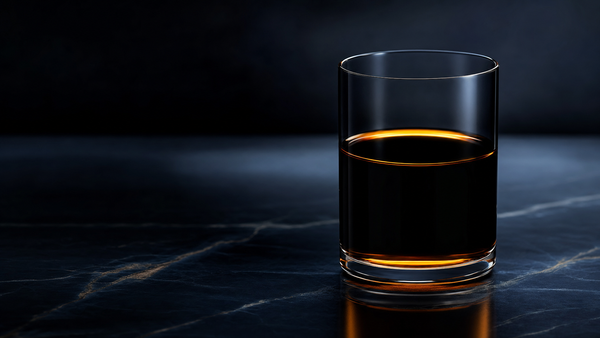 A single glass containing dark amber crude oil on a polished navy stone surface — illustration for a research note on oil markets and the May 2026 sell-off.