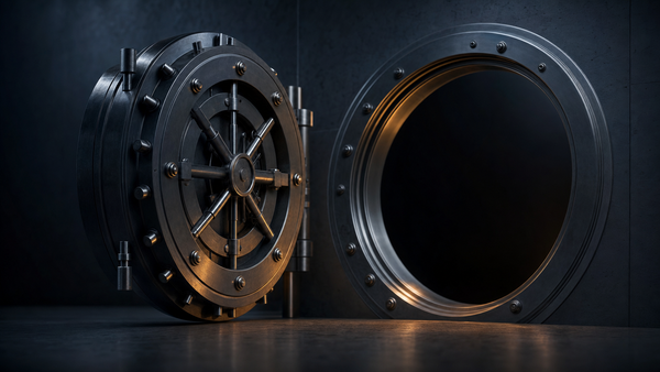 An empty vault with its heavy door swung open against a dark stone interior — illustration for a research note on Treasury's seizure of Iranian crypto wallets and bitcoin's haven thesis.
