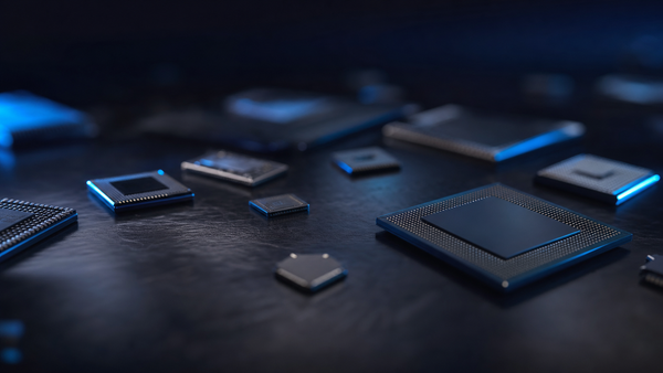 Abstract editorial photograph of advanced semiconductor chips on a dark surface with blue rim lighting