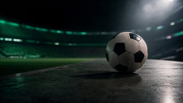 Classic black-and-white soccer ball on stadium concrete with emerald rim lighting and atmospheric haze