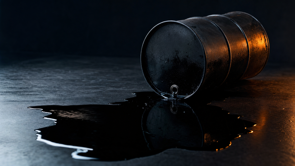A single tipped oil drum on dark concrete with crude pooling beneath, lit by amber rim light