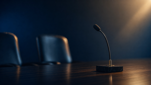 Single boardroom microphone on a polished dark wood conference table, lit by gold rim light