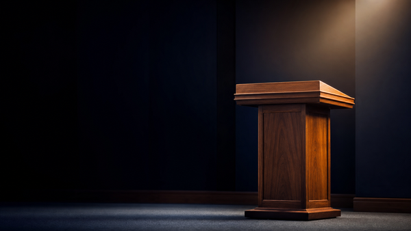 Empty wooden lectern lit by warm amber rim light against dark navy room — microphone visible, no speaker present